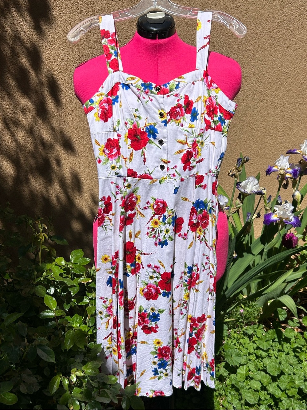 Hearts & Roses White Floral Sundress with Red, Yellow & Blue Blossoms